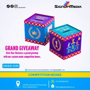 Custom competition box with full colour edge-to-edge branding, 290x290x290mm, made in South Africa
